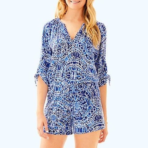 Lilly Pulitzer Bryce Romper in Bright Navy Taverna Tile Allover - Picture 3 of 15